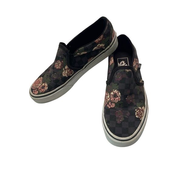 Vans Slip On Checkerboard Floral Print Black Canvas Sneakers Size 7 Grunge Punk - Picture 2 of 9